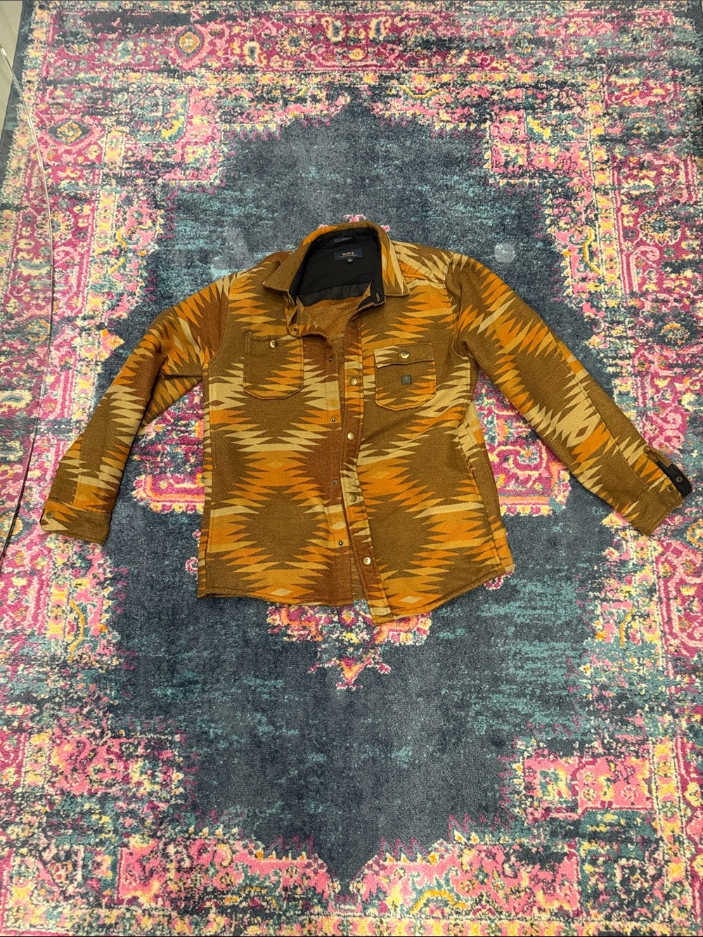 Roark Men's Button-Down Over Shirt in Mustard, Orange & Brown Aztec Print
